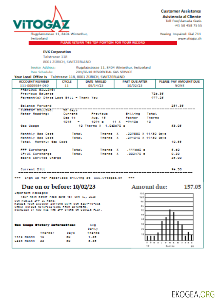 Vitogaz Suisse SA Facture commerciale de services publics SCR